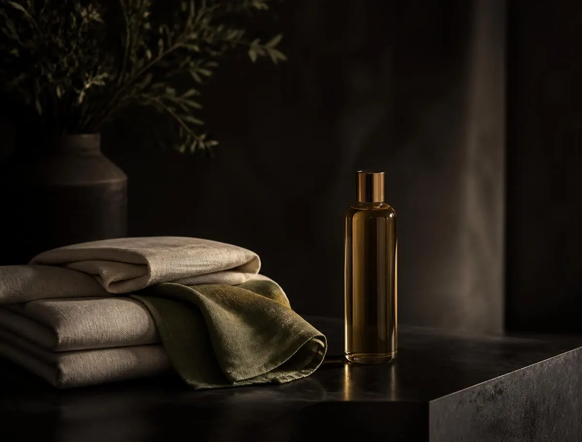 Folded linens and amber bottle on dark stone