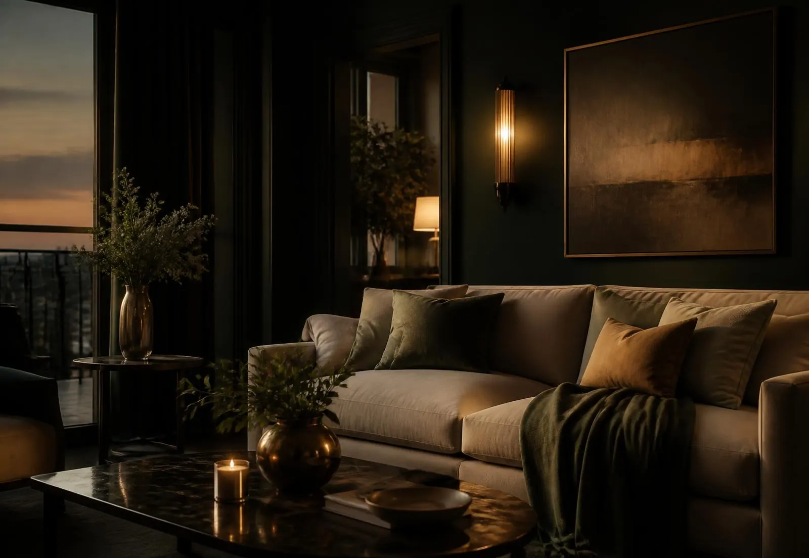 Softly lit upscale living room at dusk